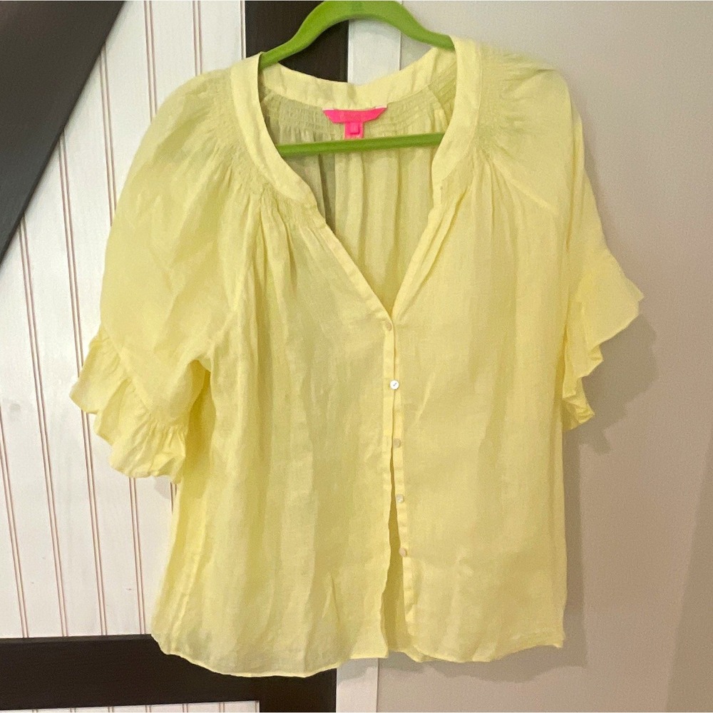 Lilly Pulitzer Yellow Solid V-Neck Short Sleeve Smocked Ruffle Linen Blouse XL